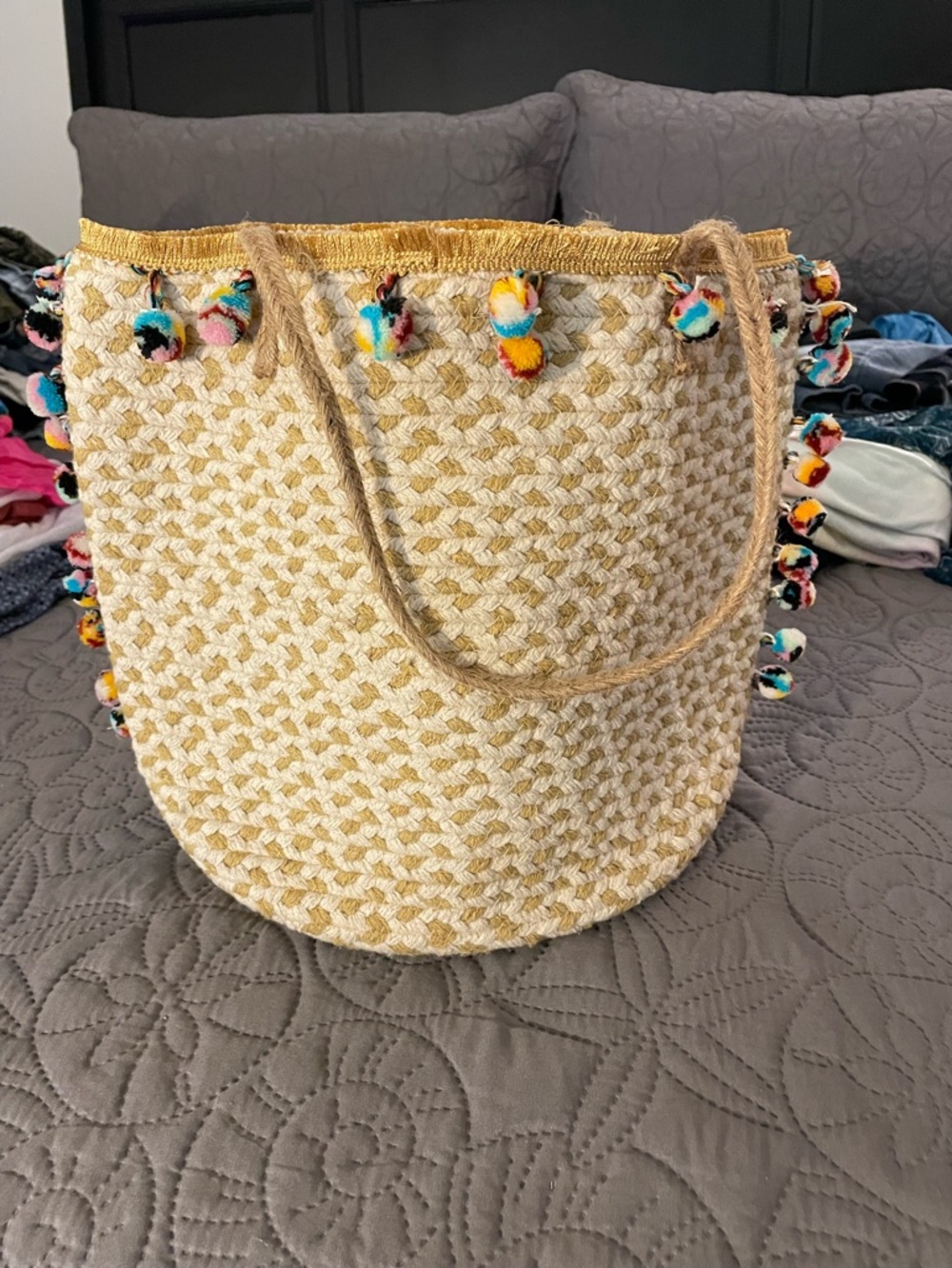 Woven Cream Straw Tote with Colorful Pom Trim